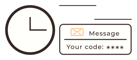Clock icon paired with a message notification and secure code field. Ideal for security, authentication, password protection, time tracking, communication, notifications, data privacy in a simple