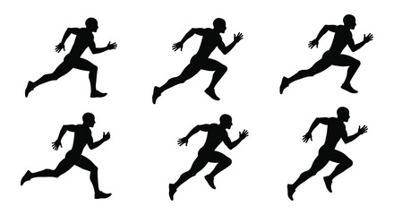 Six dynamic black silhouettes of male runners in mid stride showcasing different phases of athletic movement silhouette. vector design. Silhouette vector design illustration
