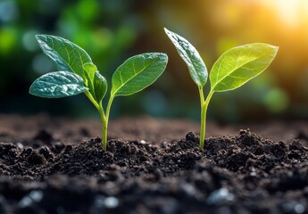 Fototapeta premium Fresh Seedlings Growing in Soil Under Sunlight in Garden