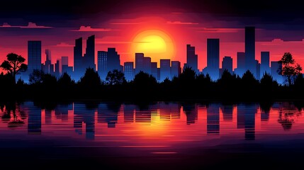 Colorful sunset cityscape reflected in water.