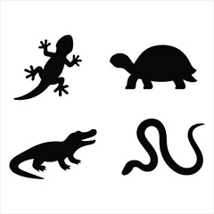 Four silhouettes of reptiles and amphibians including a lizard turtle crocodile and snake