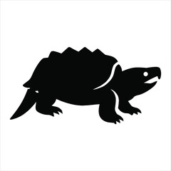 Silhouette of a prehistoric alligator snapping turtle with spiky shell and open mouth on a white background