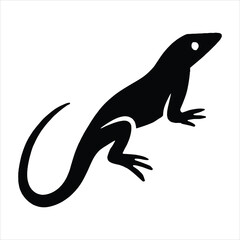 Simple black silhouette of a lizard with a long tail and four legs on a white background