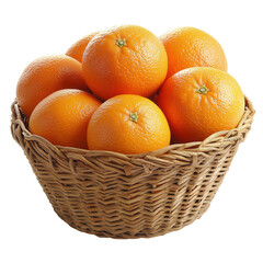 Fresh ripe oranges in a wicker basket, isolated on transparent background