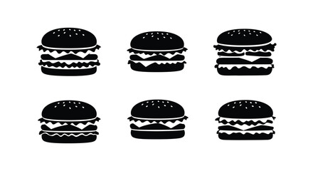 Six stylized black hamburger silhouettes with layered ingredients on a white background silhouette. vector design. Silhouette vector design illustration
