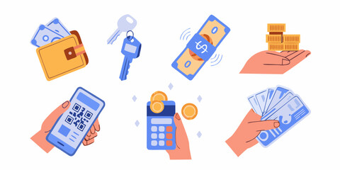 Financial transactions and payments illustrated with hands and icons