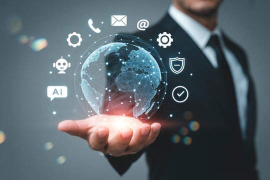 Businessman holding a glowing digital globe surrounded by interconnected technology and communication icons representing global connectivity and digital business