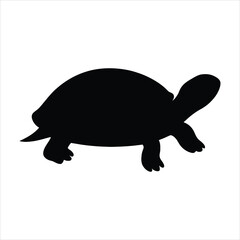 A simple black silhouette of a turtle walking from left to right against a clean white background