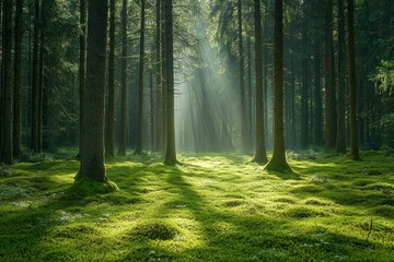 Fototapeta premium Serene Sunlit Forest with Lush Green Moss and Tall Trees