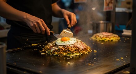熱々鉄板焼きお好み焼き、熟練の技光る夜店風景