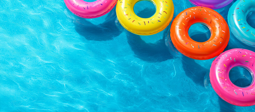 Colorful inflatable rings floating in a clear blue swimming pool.
