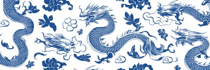 Obraz premium Blue and white porcelain style Chinese dragon seamless pattern with floral and cloud motifs in flat minimalist vector design for decorative textile and wallpaper backgrounds