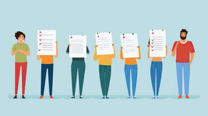 Group of diverse people holding survey sheets with check marks and filling out feedback forms in flat minimalist style vector illustration