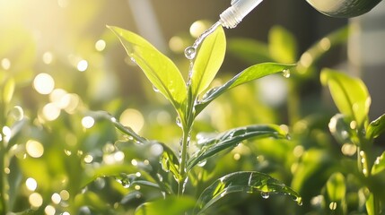 Obraz premium Fresh Green Leaves with Water Drops, Nature Close-Up in Sunlight