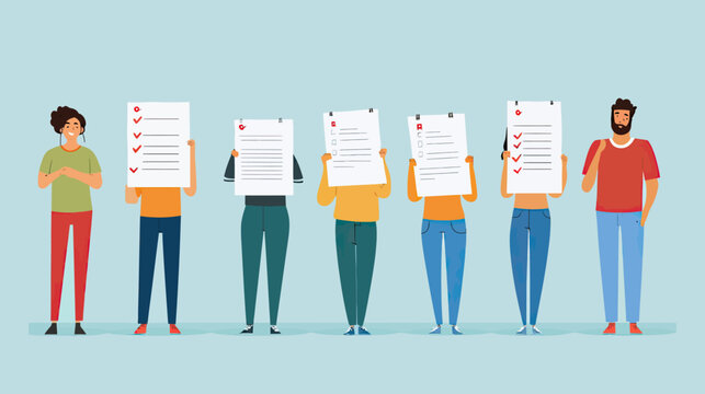Group of diverse people holding survey sheets with check marks and filling out feedback forms in flat minimalist style vector illustration - Powered by Adobe