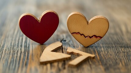 Two wooden hearts, one whole and one broken, rest on a rustic wooden surface.