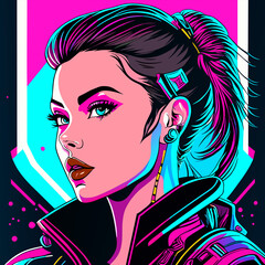 Cyberpunk woman with a ponytail in a futuristic outfit, set against a vibrant neon backdrop with pink, blue, and purple tones, geometric elements, and dynamic visual style.