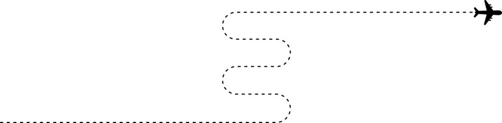 Curved, sinuous dashed line route with airplane icon