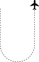 Curved, U-shaped dashed line route with airplane icon