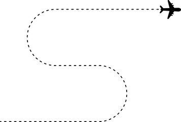 Curved, S-shaped dashed line route with airplane icon