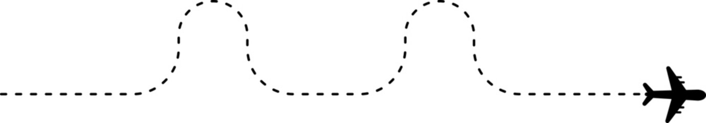 Curved, two wave shaped dashed line route with airplane icon