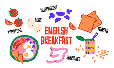 Hand drawn english breakfast illustration set with fried egg, sausages, beans, tomatoes, mushrooms, toasts. Healthy tasty food. Cartoon vector illustration