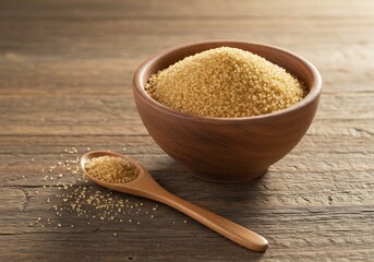 木製のボウルに盛られた黄金色のざらめ糖、温かみのある自然光で撮影