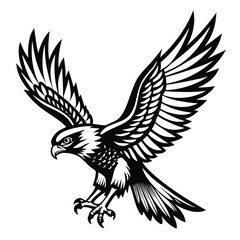 Black And White Engraving Of A Hawk Mid Dive Wings Spread