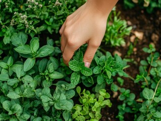 Hand Picking Fresh Herbs from Lush Green Garden Bed in Spring