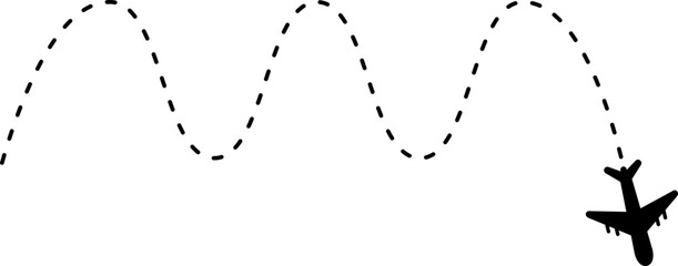 Wavy dashed lines forming a travel route with a plane icon at end.