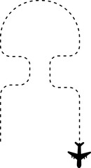 Two curved dashed lines forming a travel route with a plane icon at the end.