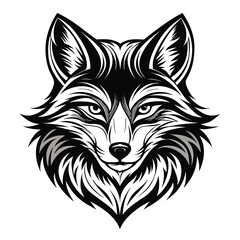 Fox Head Silhouette In Engraving Style White Background