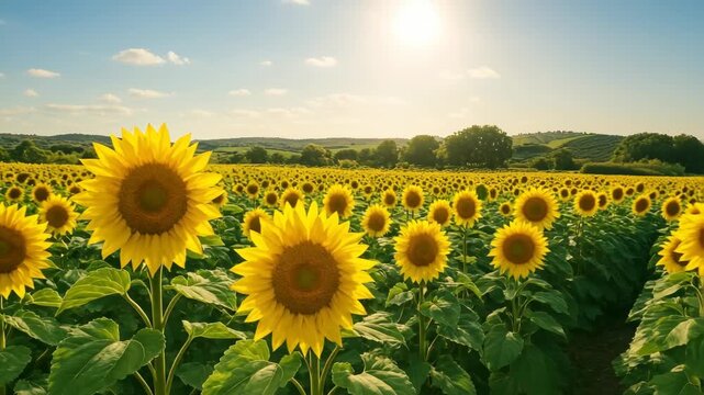 Vibrant sunflower field under a clear sky, captured from a low angle. Ideal for a serene nature video backdrop with a sunny, uplifting vibe. Live desktop wallpaper.