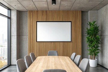 Modern conference room with wooden slats and large whiteboard for presentations