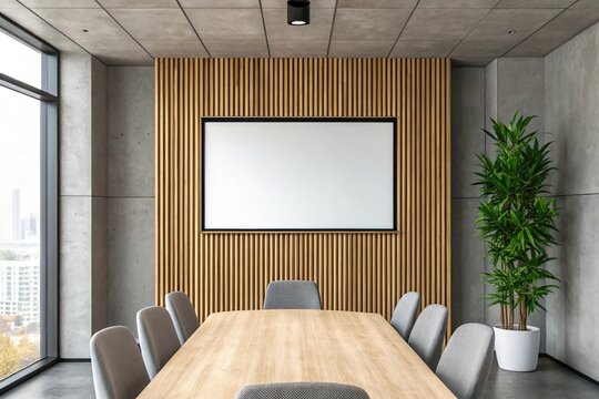 Modern conference room with wooden slats and large whiteboard for presentations - Powered by Adobe
