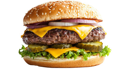 Double cheeseburger isolated on transparent background- two juicy beef patties, double layers of melted cheddar cheese, pickles, onions, and a special burger sauce, served on sesame bun