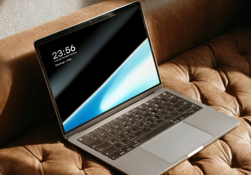 Laptop Screen Mockup on Brown Leather Sofa with Natural Light