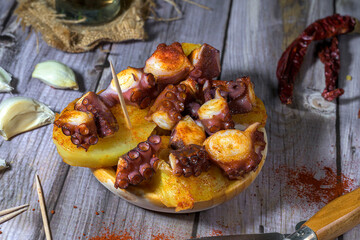 Traditional Spanish octopus with potatoes, served on a wooden plate with paprika, garlic, and rustic background