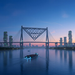 Naklejka premium Futuristic Cargo Ship Navigating Under Sleek CableStayed Bridge.