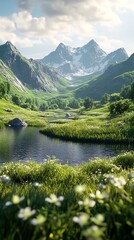 Fototapeta premium Snow capped peaks towering over bright green meadow high resolution picture