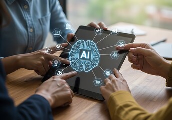 Team collaborating on a tablet displaying artificial intelligence brain concept