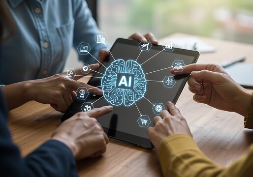 Team collaborating on a tablet displaying artificial intelligence brain concept