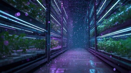 A digital dashboard displaying realtime data on plant growth nutrient levels and environmental conditions within a vertically stacked farming unit highlighting AI technologys role in