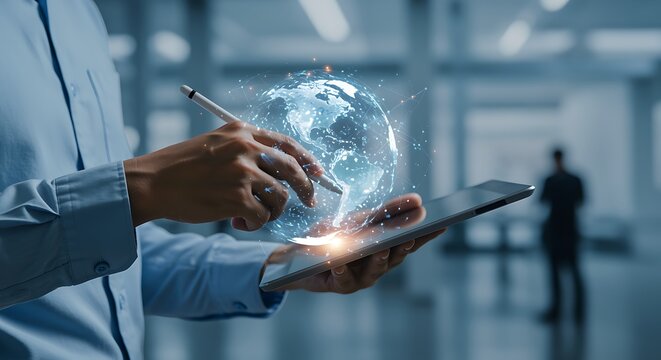 Person using tablet with digital globe and stylus, global technology concept - Powered by Adobe