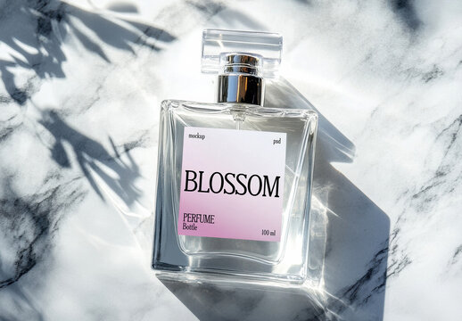 Perfume Bottle Mockup on Marble Surface with Shadow Play