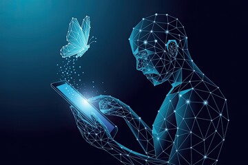 Futuristic digital human interacting with a glowing butterfly emerging from a smartphone screen symbolizing technology and nature connection