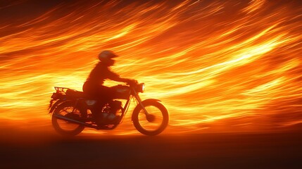 Silhouette of a motorcycle rider against a fiery backdrop.