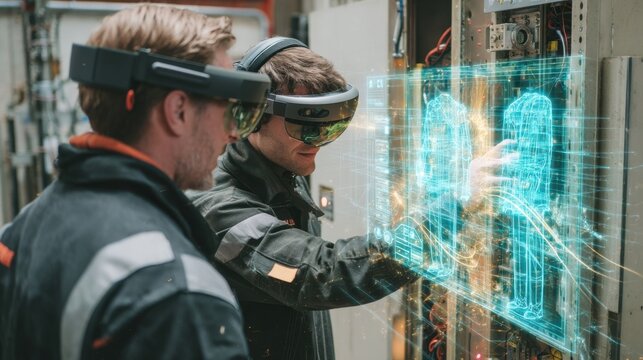 A focused interaction between a remote tester and a technician in the field facilitated by AR with holographic feedback showing the realtime status of the equipment undergoing testing.