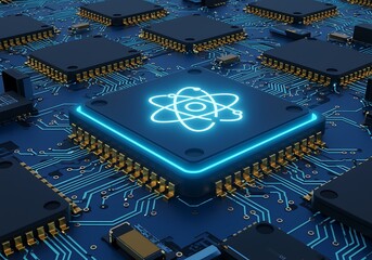 Central processor with glowing atomic symbol on a blue circuit board