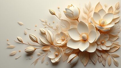 Fototapeta premium Elegant Magnolia Blossom Arrangement on Creamy Background, Gentle Floral Motif for Backgrounds